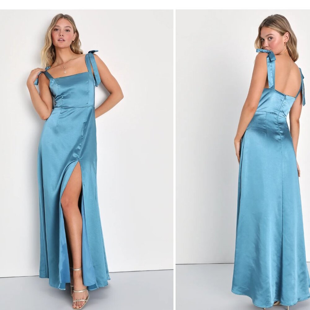 Lulus Teal Blue Satin Tie-Strap Maxi Dress